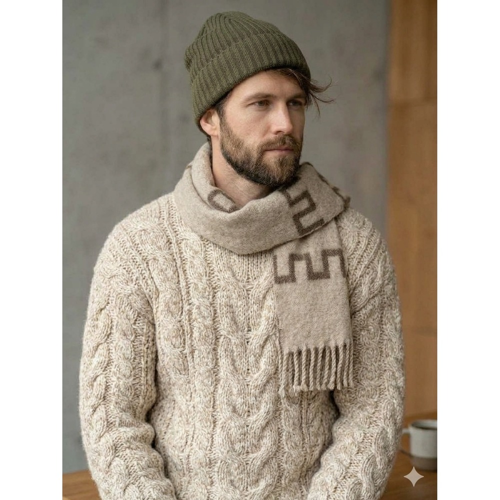 Mens Reversible Wool Blend Scarf Brown Oatmeal Geometric Greek Key Fringe Knit